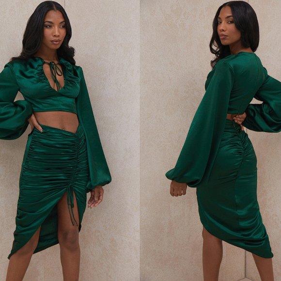 HOUSE OF CB 'Petronella' Emerald Green Satin Gathered Skirt - Picture 1 of 15